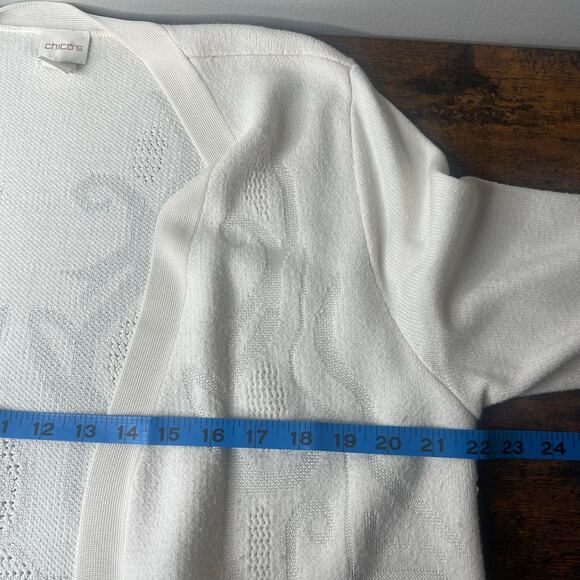 Chico's Long Line Cardigan Sweater Ivory Open Front Jacquard Knit Size 2 / Large - Picture 10 of 11